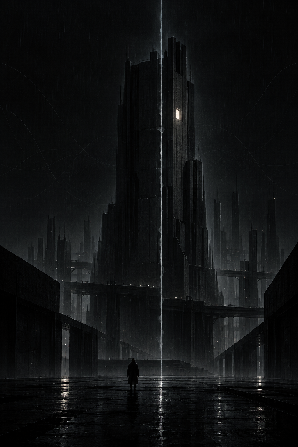 A monolithic archive tower suspended above a dark sea, with a narrow violet seam of light.